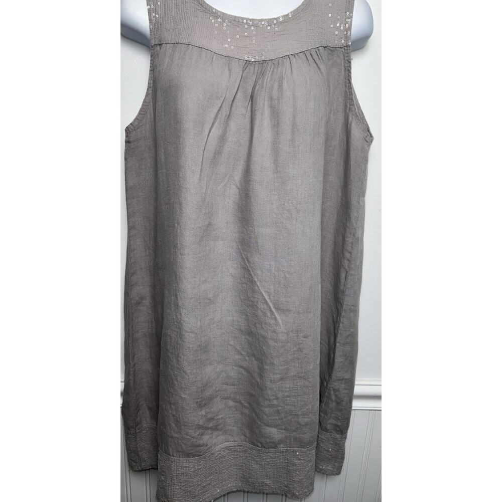 Lungo L’Arno Italy Womens Dress M Gray 100% Linen Sleeveless Sequence Trim